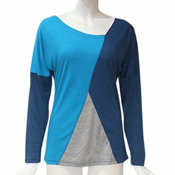 FeiBeauty Mode Frauen Casual Patchwork Farbblock Oansatz Langarm T-Shirt Bluse Top - 4